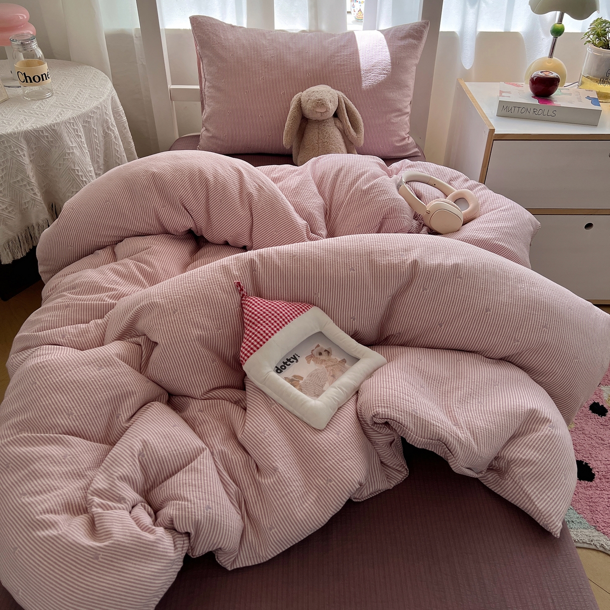 91家纺网 家纺一手货源 找家纺 韩巢家纺 2025新款双层纱学生季床铺单件被套宿舍寝室上下铺三件套 紫倾心