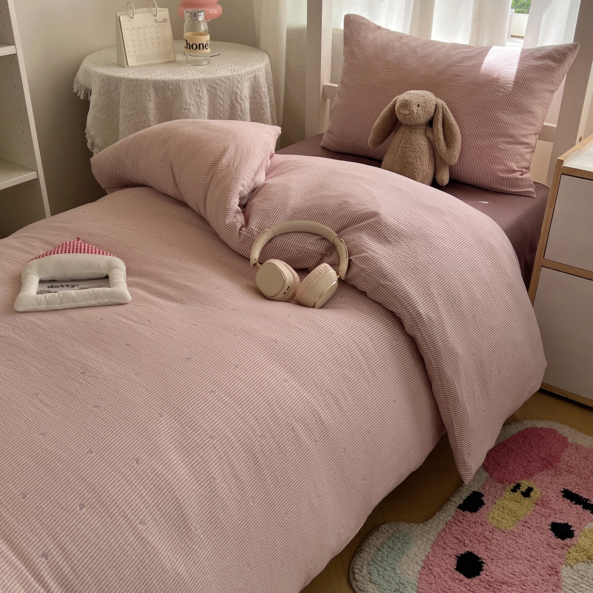 91家纺网 家纺一手货源 找家纺 韩巢家纺 2025新款双层纱学生季床铺单件被套宿舍寝室上下铺三件套 紫倾心