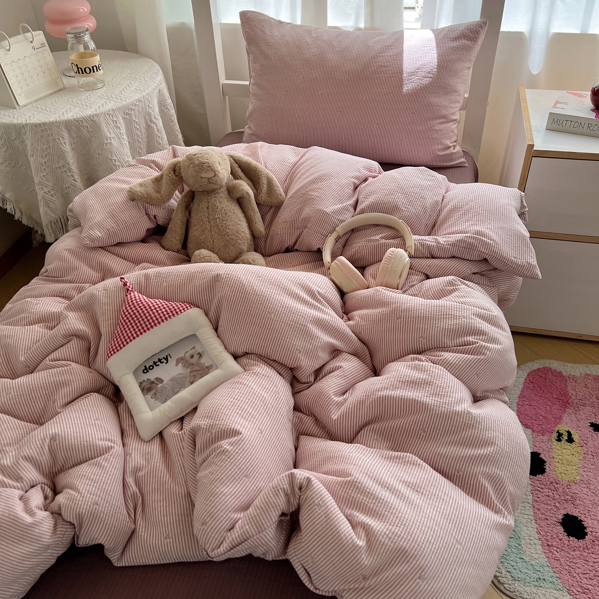 91家纺网 家纺一手货源 找家纺 韩巢家纺 2025新款双层纱学生季床铺单件被套宿舍寝室上下铺三件套 紫倾心