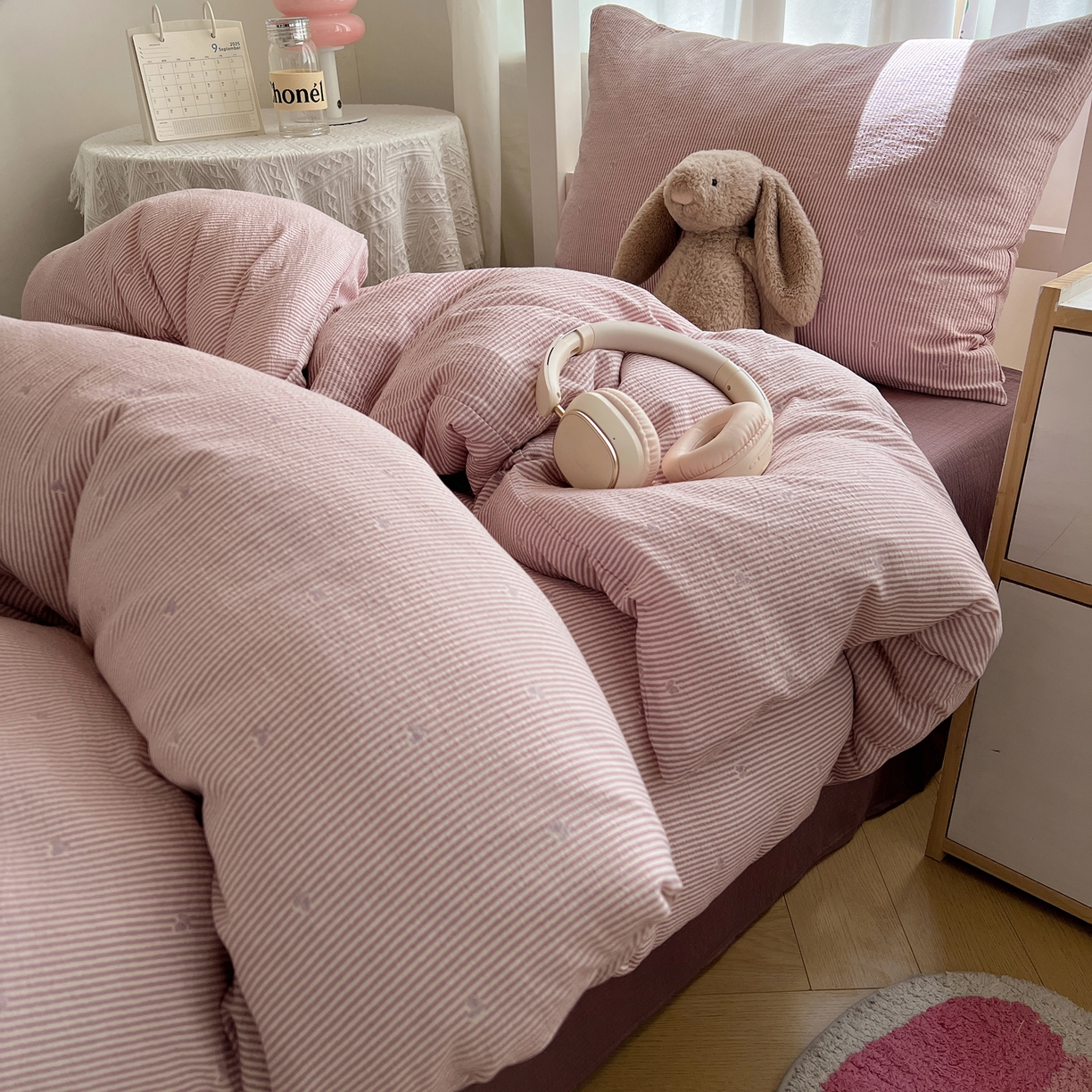 91家纺网 家纺一手货源 找家纺 韩巢家纺 2025新款双层纱学生季床铺单件被套宿舍寝室上下铺三件套 紫倾心