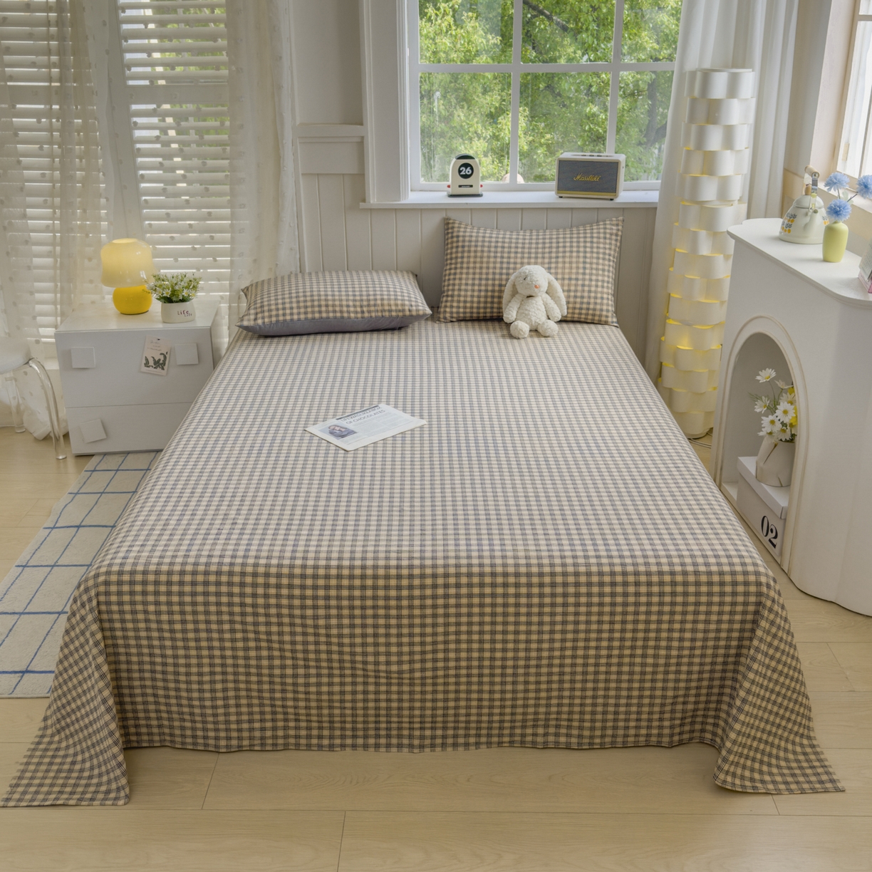 91家纺网 家纺一手货源 找家纺 晚依家纺 2025新款A类色织全棉水洗棉床单单件纯棉格子纯色学生宿舍定制定做 春野-咖灰