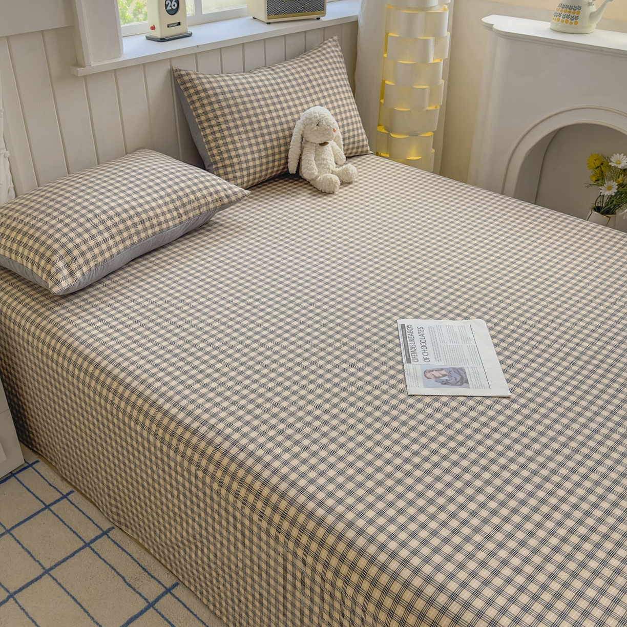 91家纺网 家纺一手货源 找家纺 晚依家纺 2025新款A类色织全棉水洗棉床单单件纯棉格子纯色学生宿舍定制定做 春野-咖灰