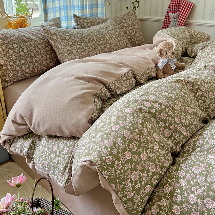 91家纺网 家纺一手货源 找家纺 名品家纺 2025新款加厚高克重人字纹优卡棉双层纱提花四件套（提供买家秀） 野菊