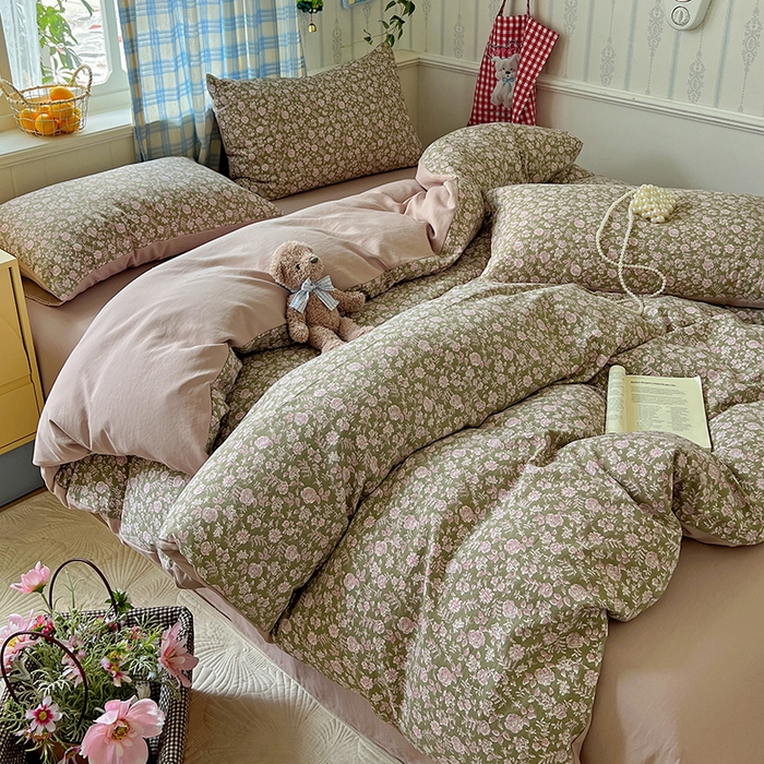 91家纺网 家纺一手货源 找家纺 名品家纺 2025新款加厚高克重人字纹优卡棉双层纱提花四件套（提供买家秀） 野菊