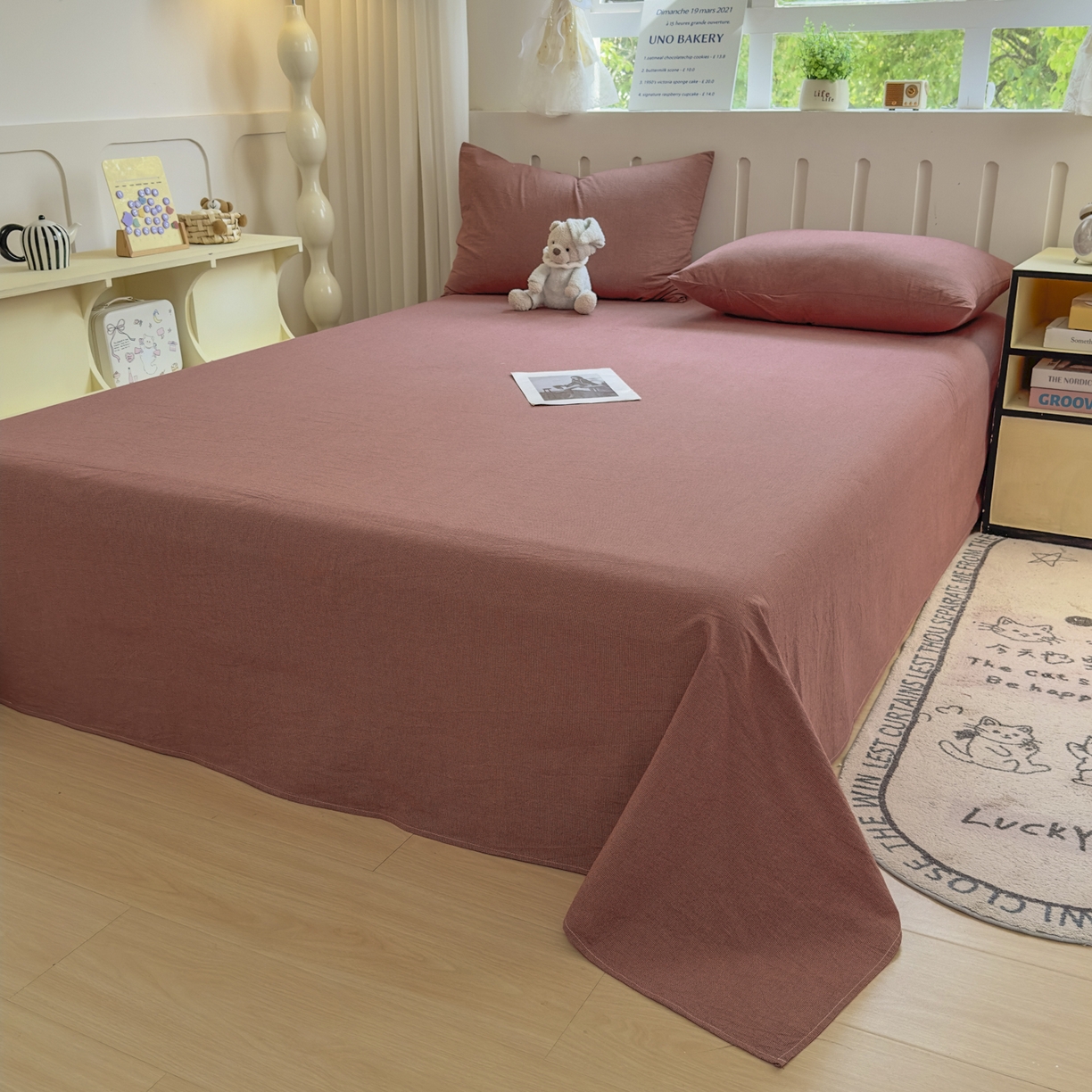 91家纺网 家纺一手货源 找家纺 晚依家纺 2025新款A类色织全棉水洗棉床单单件纯棉格子纯色学生宿舍定制定做 纯棉素-红