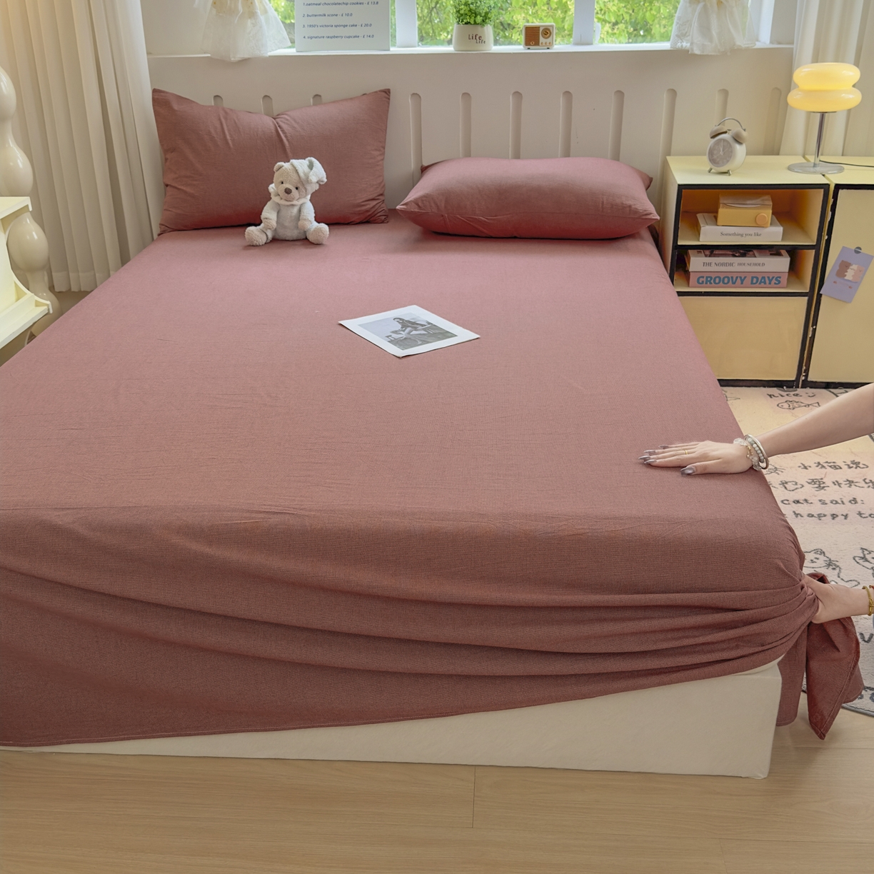 91家纺网 家纺一手货源 找家纺 晚依家纺 2025新款A类色织全棉水洗棉床单单件纯棉格子纯色学生宿舍定制定做 纯棉素-红