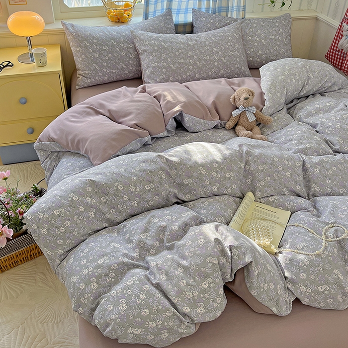 91家纺网 家纺一手货源 找家纺 名品家纺 2025新款加厚高克重人字纹优卡棉双层纱提花四件套（提供买家秀） 紫色花香