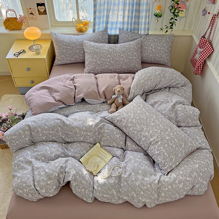 91家纺网 家纺一手货源 找家纺 名品家纺 2025新款加厚高克重人字纹优卡棉双层纱提花四件套（提供买家秀） 紫色花香