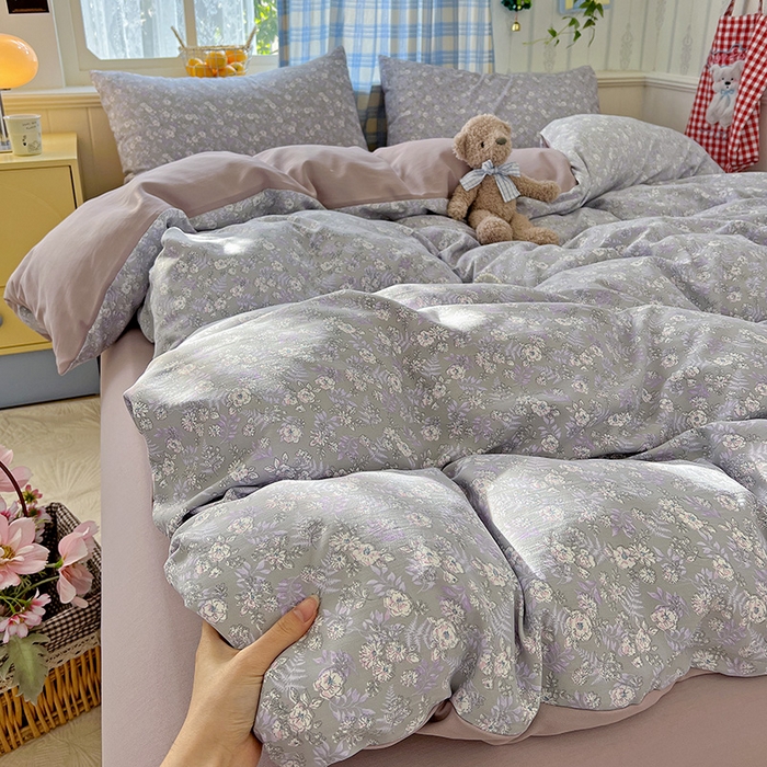 91家纺网 家纺一手货源 找家纺 名品家纺 2025新款加厚高克重人字纹优卡棉双层纱提花四件套（提供买家秀） 紫色花香