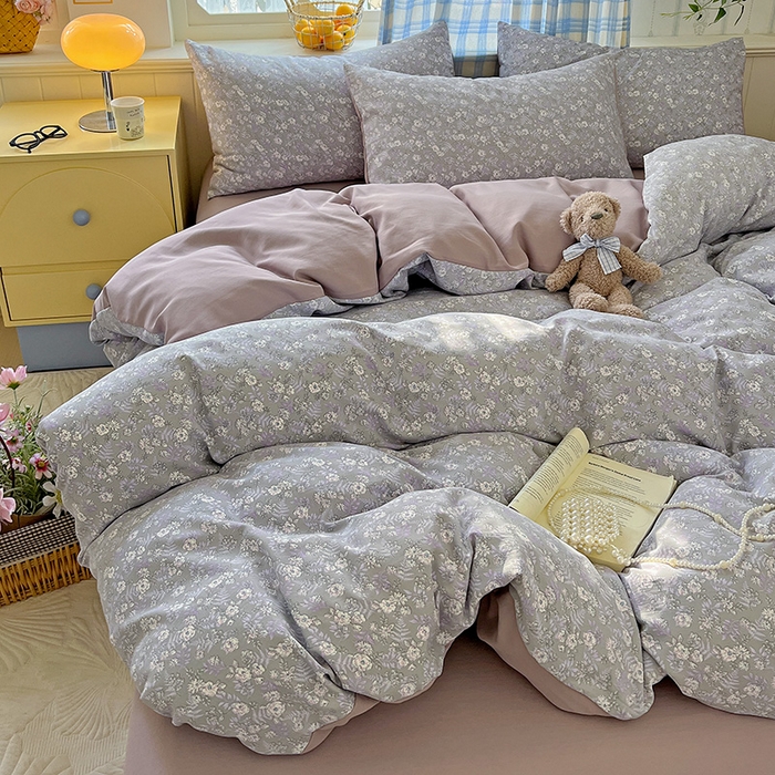 91家纺网 家纺一手货源 找家纺 名品家纺 2025新款加厚高克重人字纹优卡棉双层纱提花四件套（提供买家秀） 紫色花香