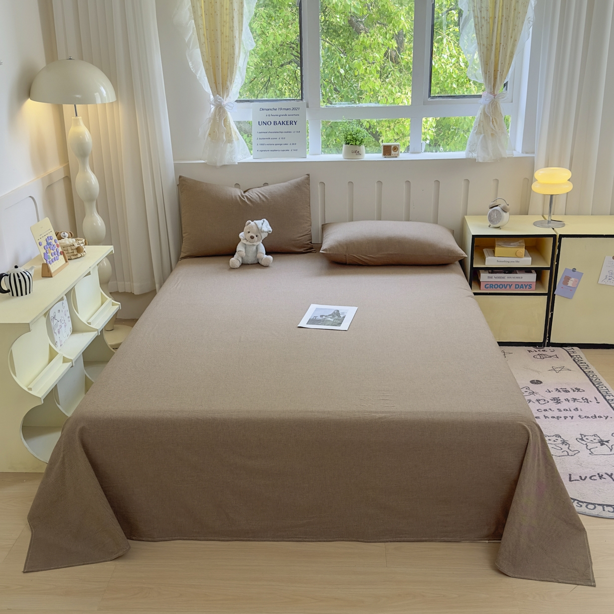 91家纺网 家纺一手货源 找家纺 晚依家纺 2025新款A类色织全棉水洗棉床单单件纯棉格子纯色学生宿舍定制定做 纯棉素-咖