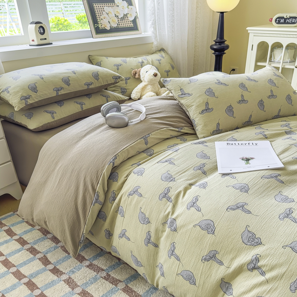 91家纺网 家纺一手货源 找家纺 亨通家纺 2025新款复古原麻双层纱臻至系列四件套 柔梦漫歌