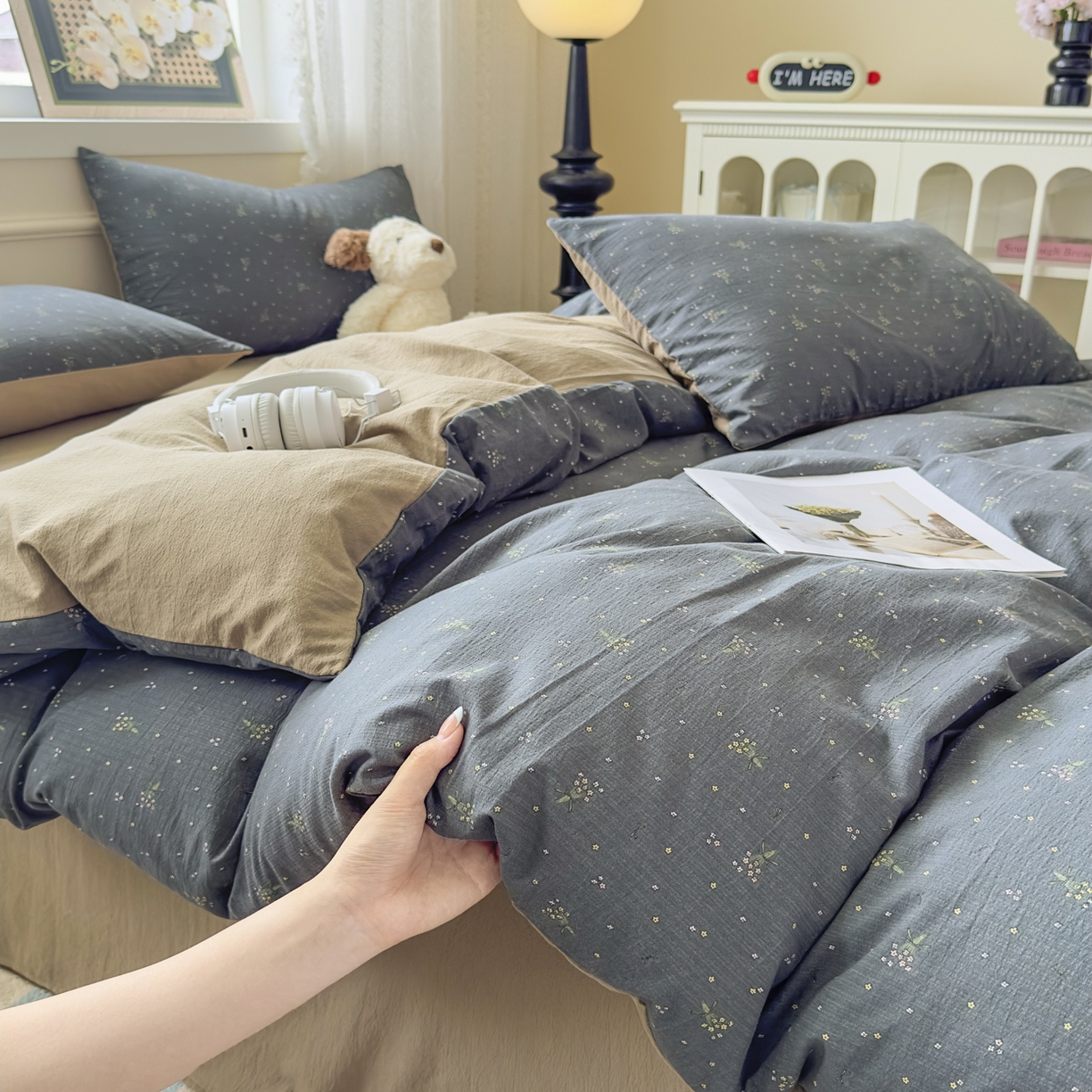 亨通家纺 2025新款复古原麻双层纱臻至系列四件套 碎花絮语-灰