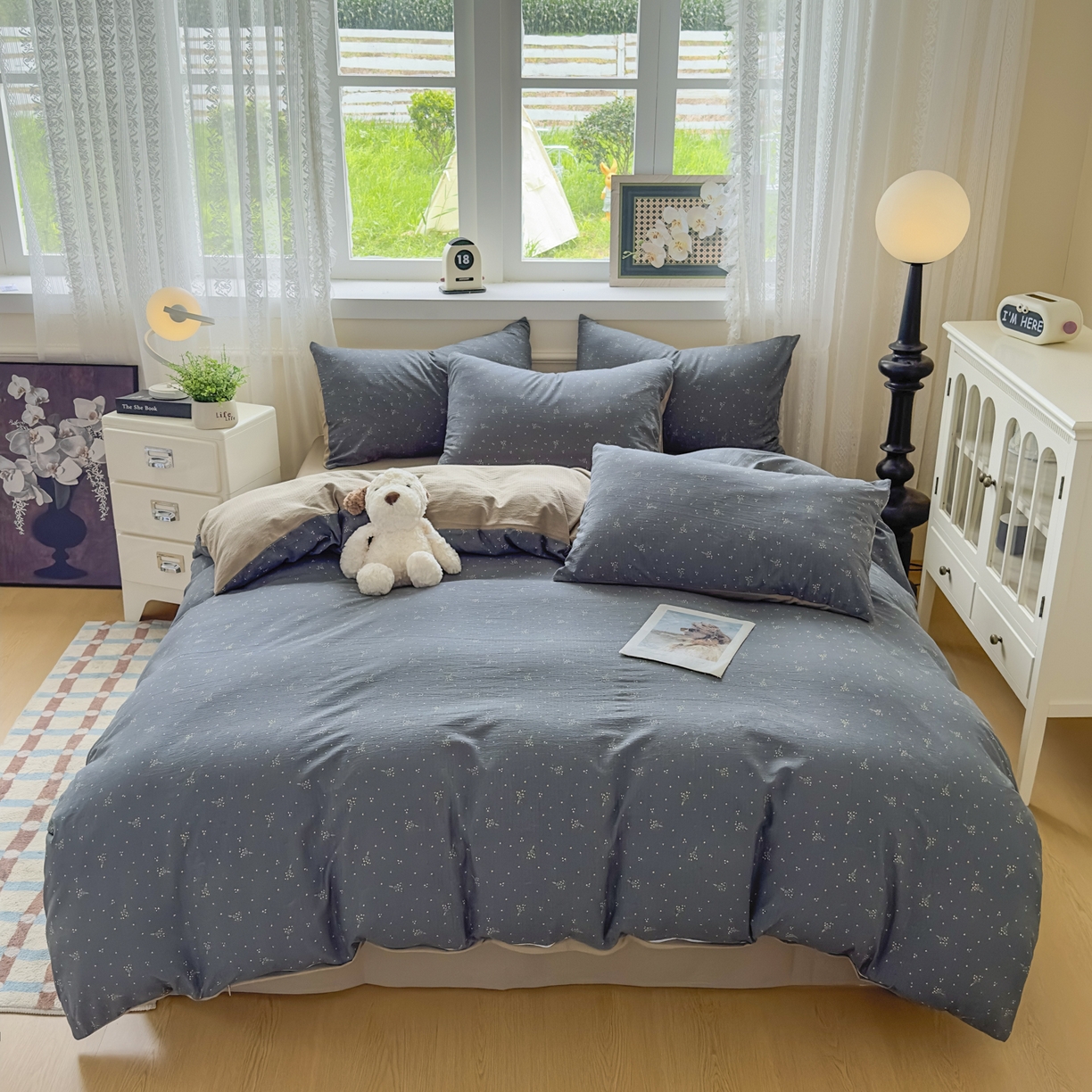 91家纺网 家纺一手货源 找家纺 亨通家纺 2025新款复古原麻双层纱臻至系列四件套 碎花絮语-灰