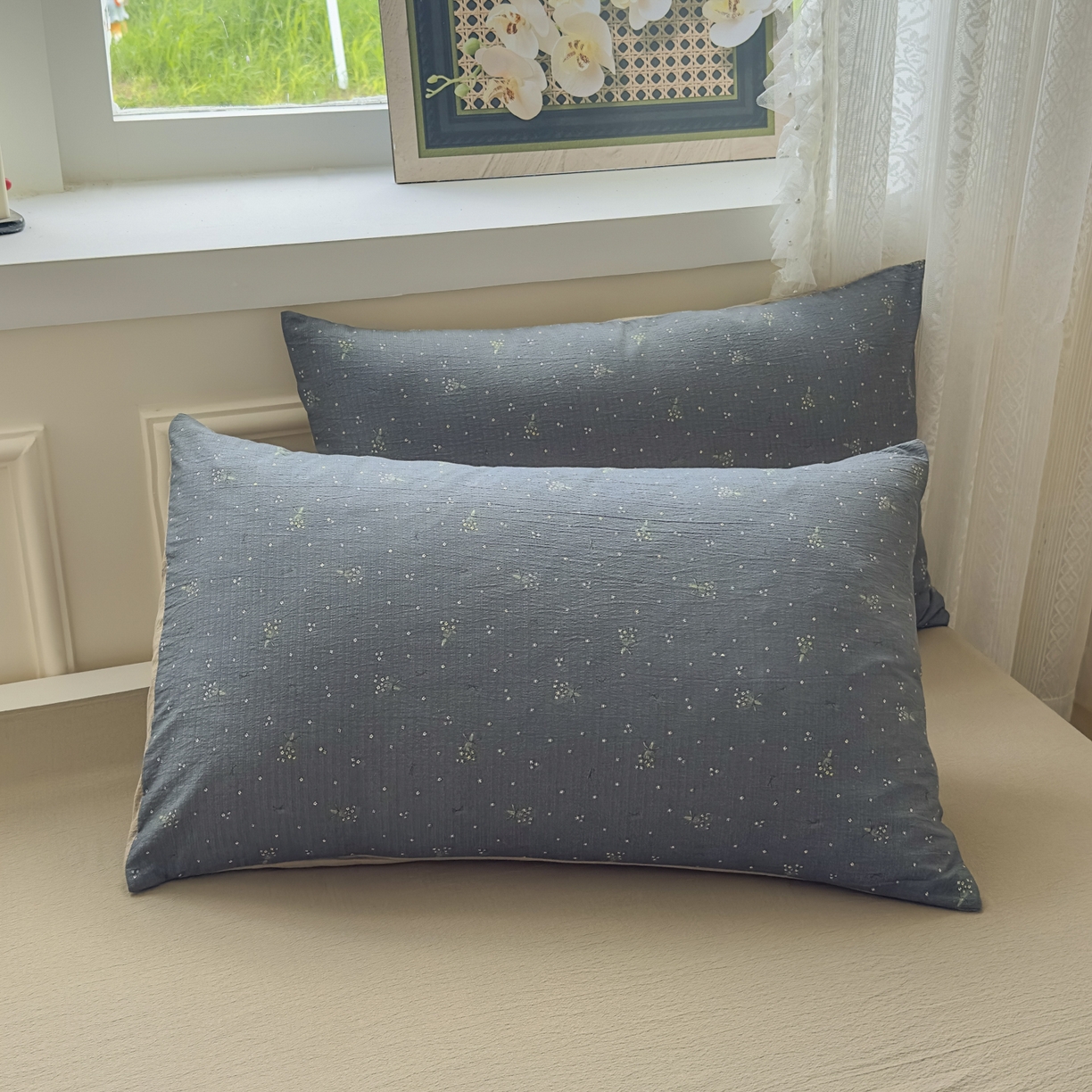 91家纺网 家纺一手货源 找家纺 亨通家纺 2025新款复古原麻双层纱臻至系列四件套 碎花絮语-灰