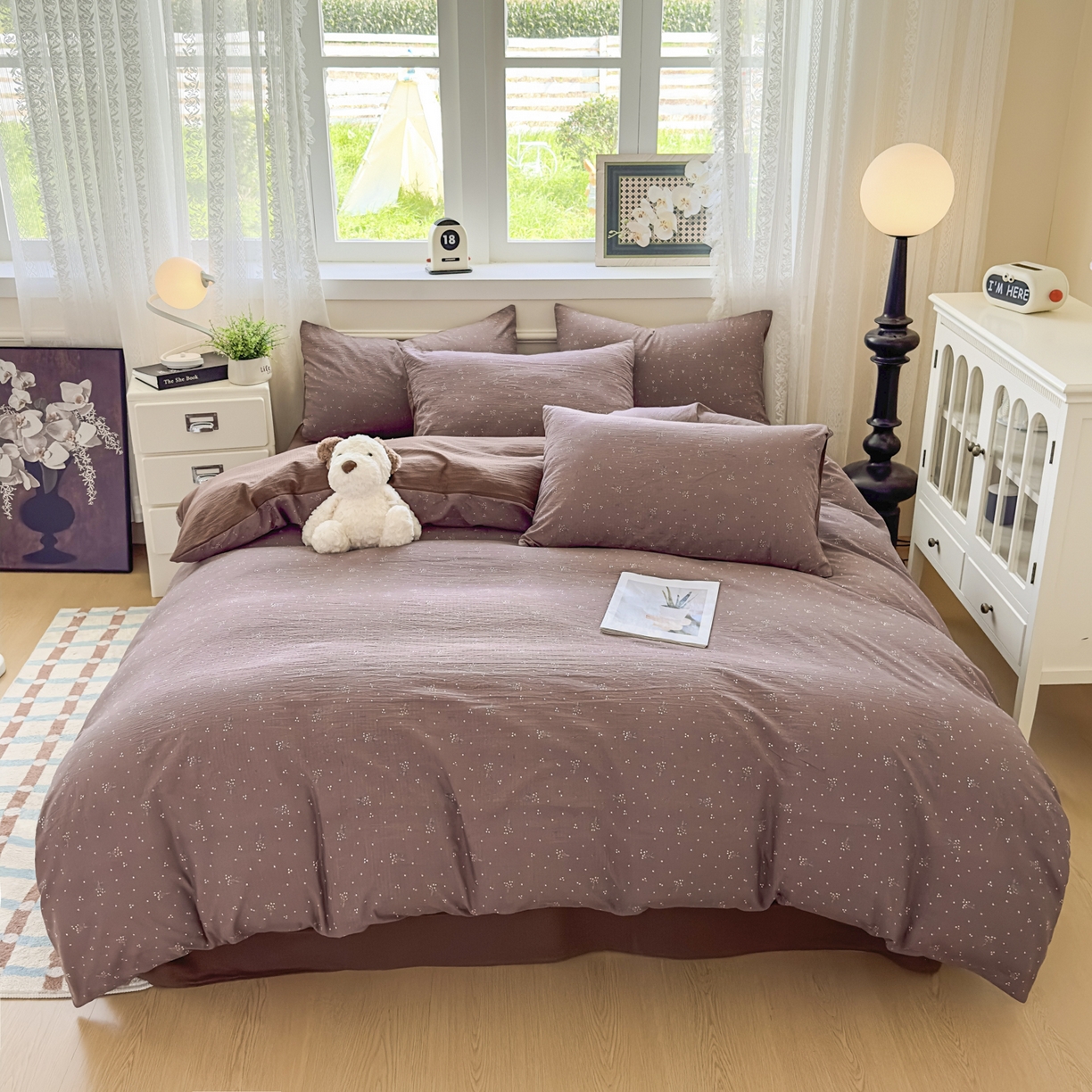 91家纺网 家纺一手货源 找家纺 亨通家纺 2025新款复古原麻双层纱臻至系列四件套 碎花絮语-咖