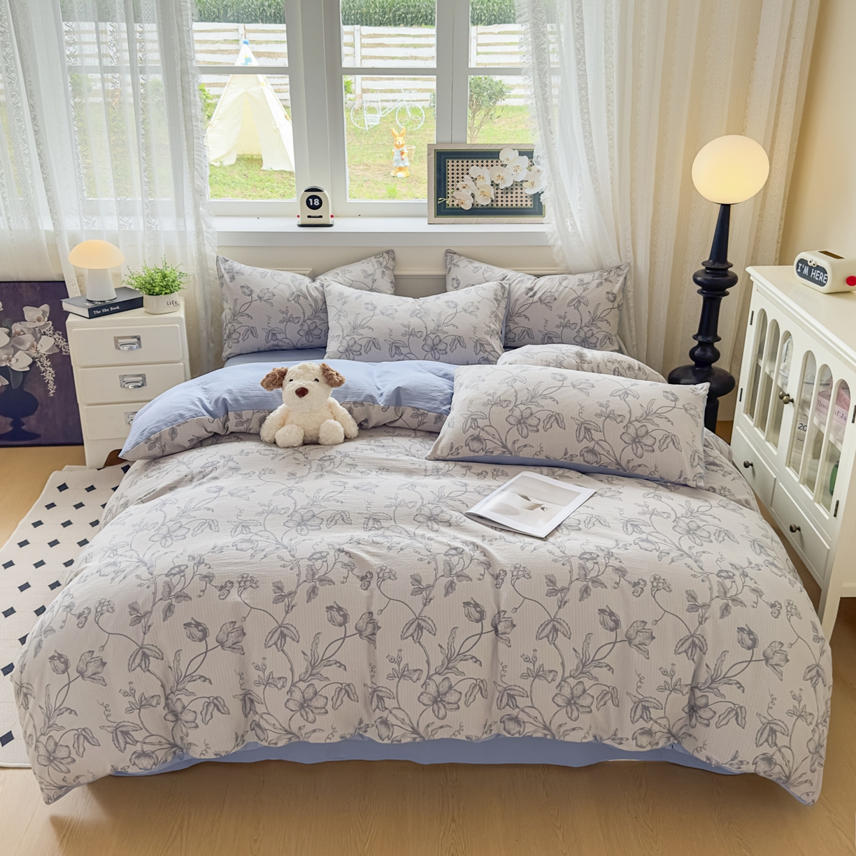 91家纺网 家纺一手货源 找家纺 亨通家纺 2025新款复古原麻双层纱臻至系列四件套 一帘幽梦-蓝