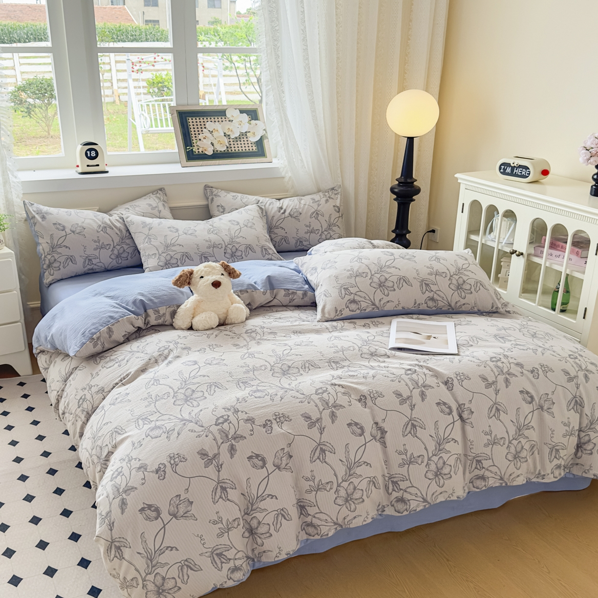 91家纺网 家纺一手货源 找家纺 亨通家纺 2025新款复古原麻双层纱臻至系列四件套 一帘幽梦-蓝