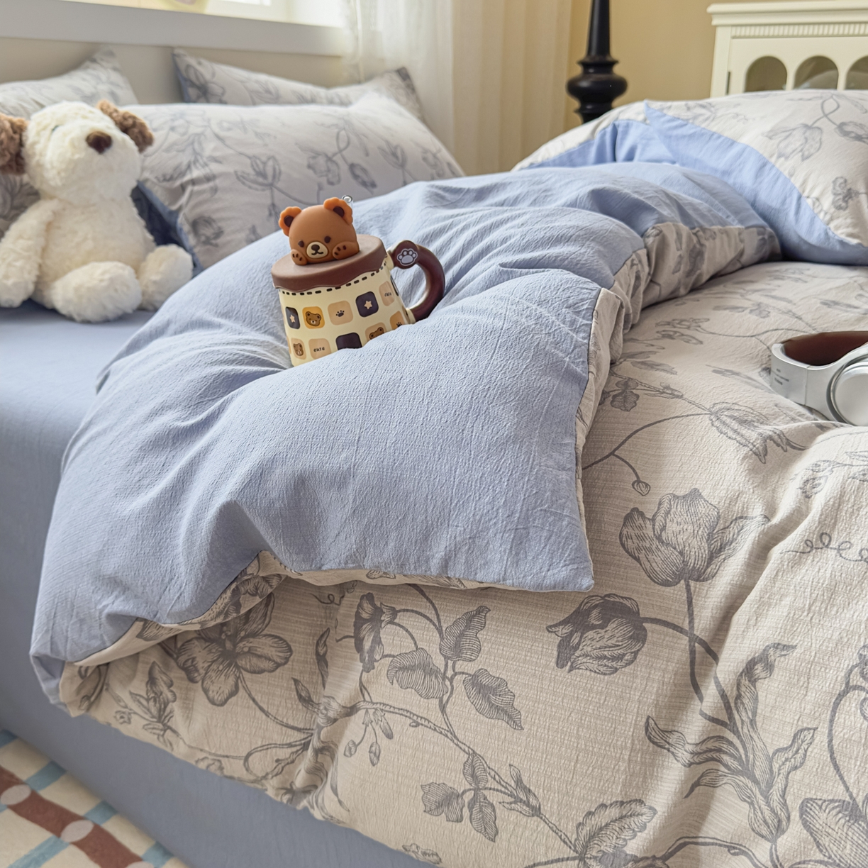 91家纺网 家纺一手货源 找家纺 亨通家纺 2025新款复古原麻双层纱臻至系列四件套 一帘幽梦-蓝