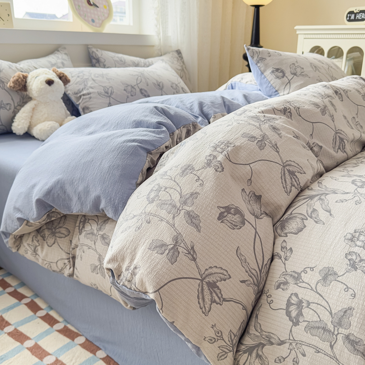 91家纺网 家纺一手货源 找家纺 亨通家纺 2025新款复古原麻双层纱臻至系列四件套 一帘幽梦-蓝