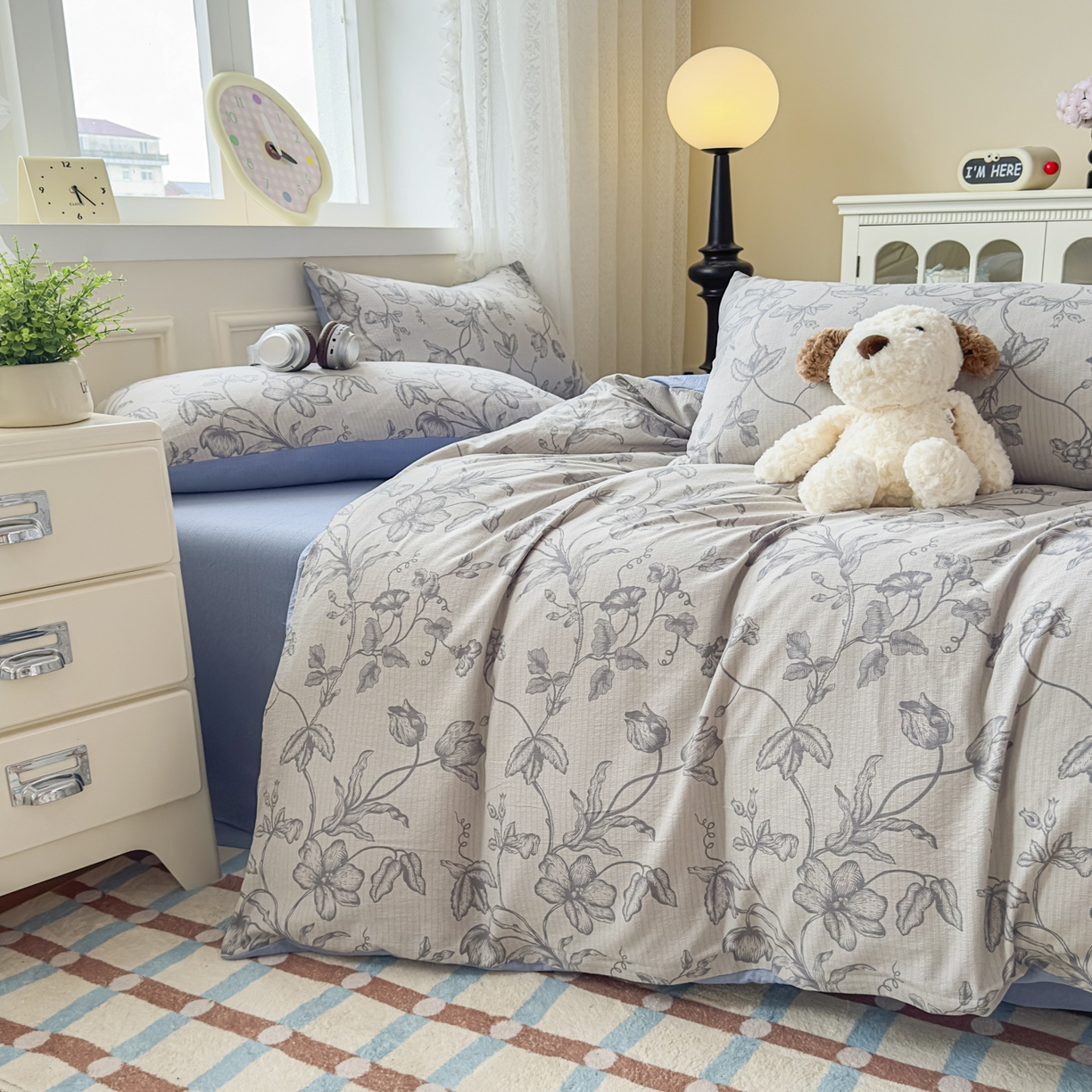 91家纺网 家纺一手货源 找家纺 亨通家纺 2025新款复古原麻双层纱臻至系列四件套 一帘幽梦-蓝