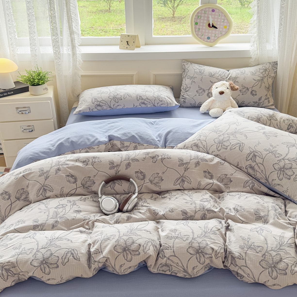 91家纺网 家纺一手货源 找家纺 亨通家纺 2025新款复古原麻双层纱臻至系列四件套 一帘幽梦-蓝