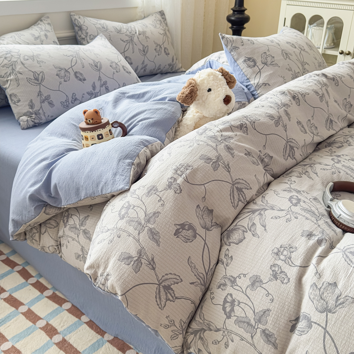 91家纺网 家纺一手货源 找家纺 亨通家纺 2025新款复古原麻双层纱臻至系列四件套 一帘幽梦-蓝