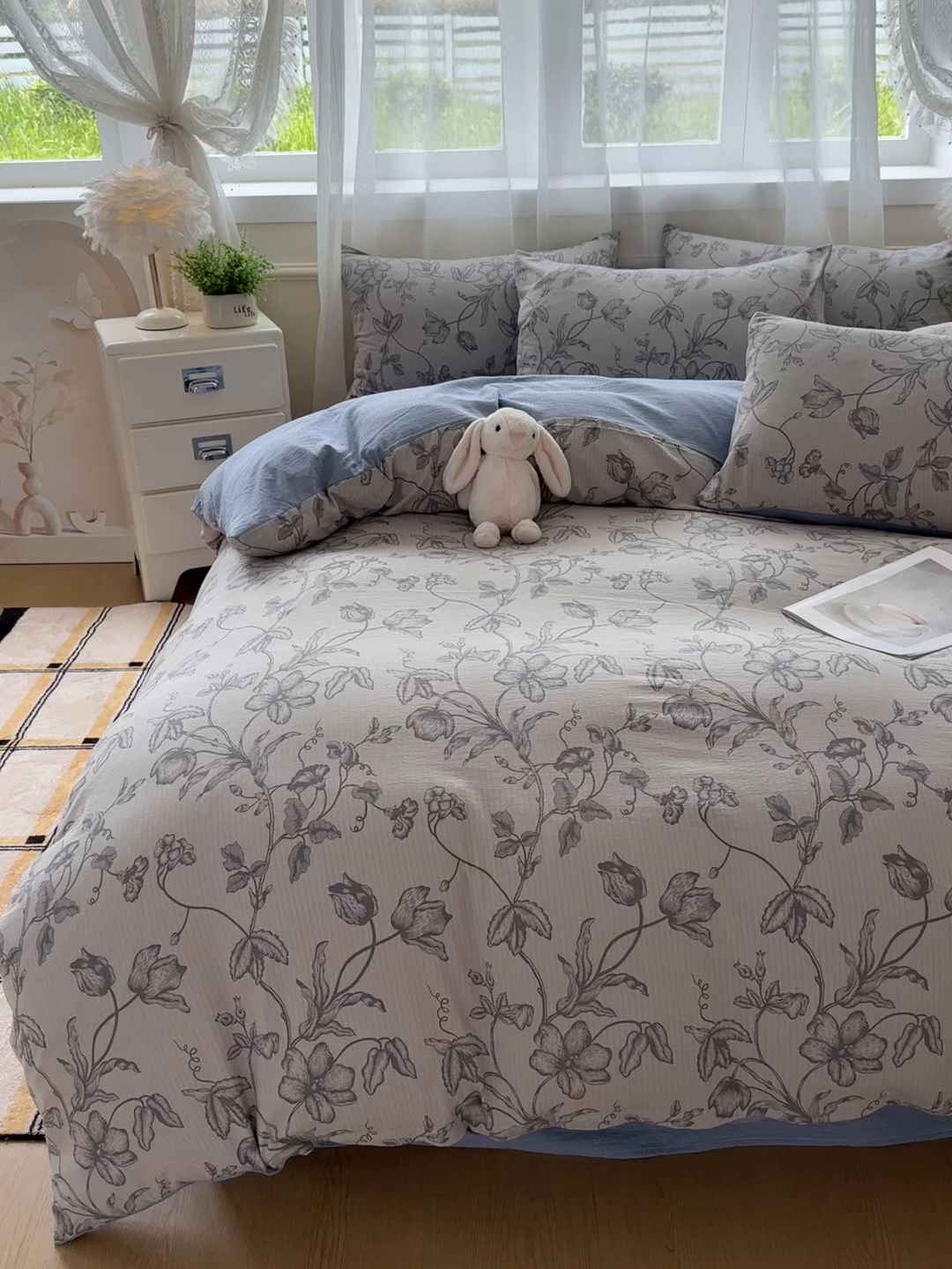 91家纺网 家纺一手货源 找家纺 亨通家纺 2025新款复古原麻双层纱臻至系列四件套 一帘幽梦-蓝