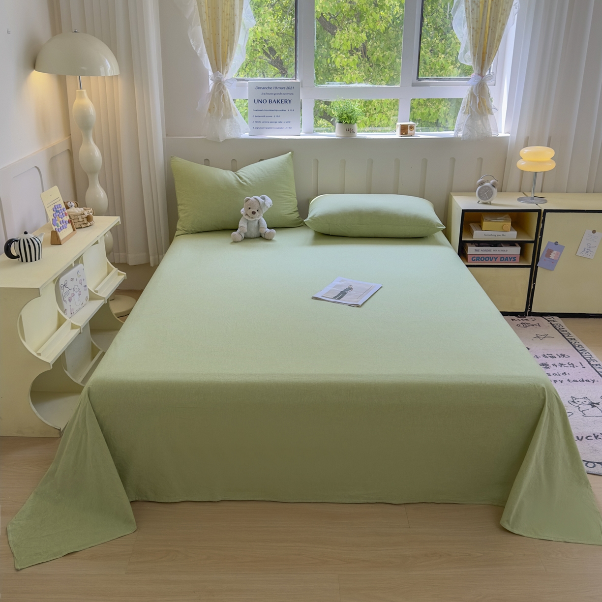 91家纺网 家纺一手货源 找家纺 晚依家纺 2025新款A类色织全棉水洗棉床单单件纯棉格子纯色学生宿舍定制定做 纯色-果绿