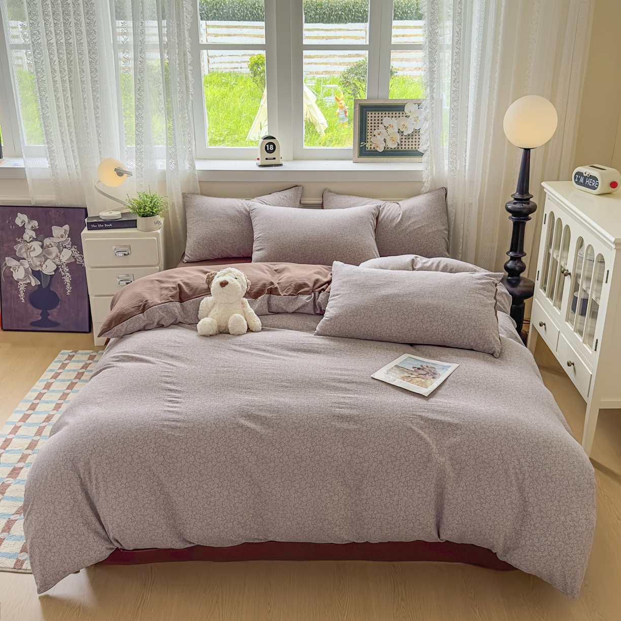 91家纺网 家纺一手货源 找家纺 亨通家纺 2025新款复古原麻双层纱臻至系列四件套 紫灰花韵