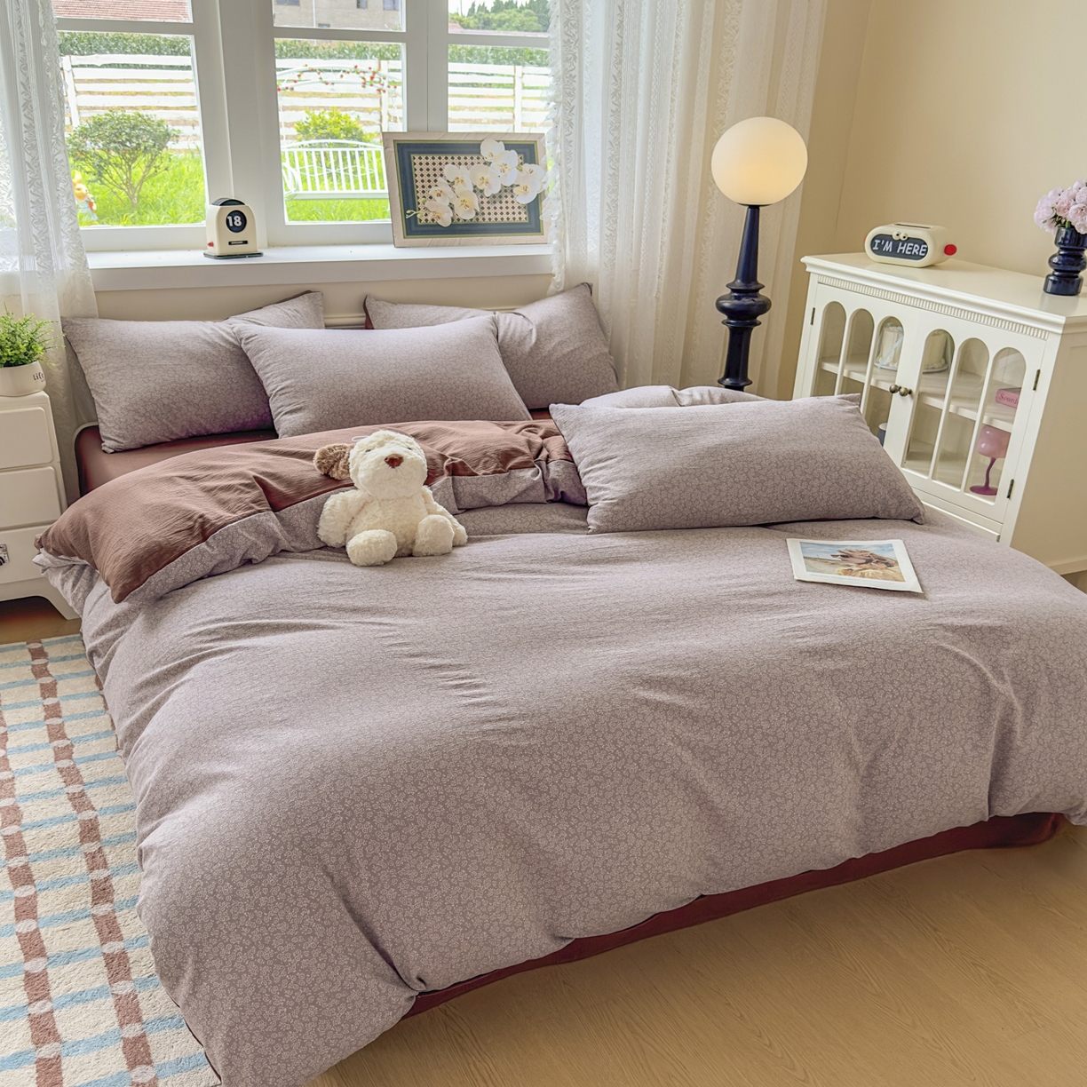 91家纺网 家纺一手货源 找家纺 亨通家纺 2025新款复古原麻双层纱臻至系列四件套 紫灰花韵