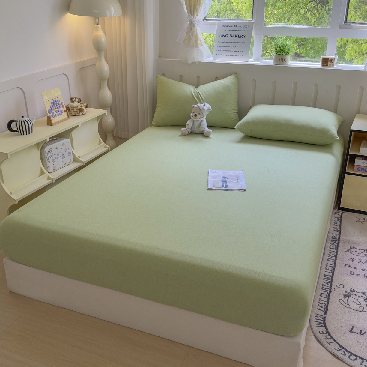 91家纺网 家纺一手货源 找家纺 晚依家纺 2025新款A类色织全棉水洗棉床单单件纯棉格子纯色学生宿舍定制定做 纯色-果绿