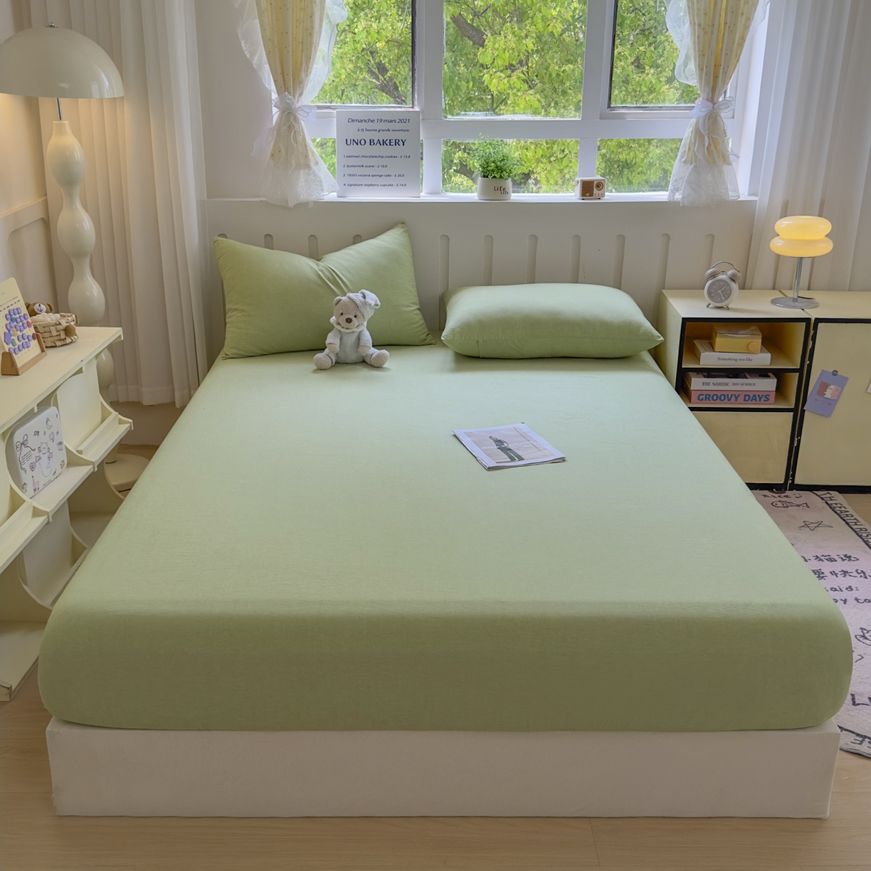 91家纺网 家纺一手货源 找家纺 晚依家纺 2025新款A类色织全棉水洗棉床单单件纯棉格子纯色学生宿舍定制定做 纯色-果绿