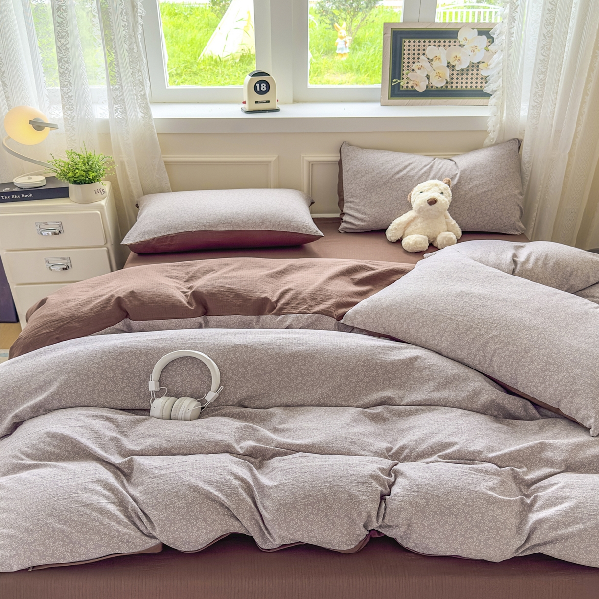 91家纺网 家纺一手货源 找家纺 亨通家纺 2025新款复古原麻双层纱臻至系列四件套 紫灰花韵