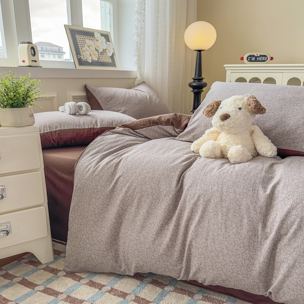 91家纺网 家纺一手货源 找家纺 亨通家纺 2025新款复古原麻双层纱臻至系列四件套 紫灰花韵