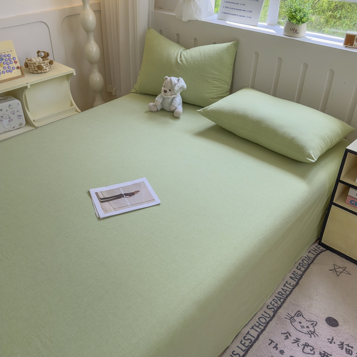 91家纺网 家纺一手货源 找家纺 晚依家纺 2025新款A类色织全棉水洗棉床单单件纯棉格子纯色学生宿舍定制定做 纯色-果绿