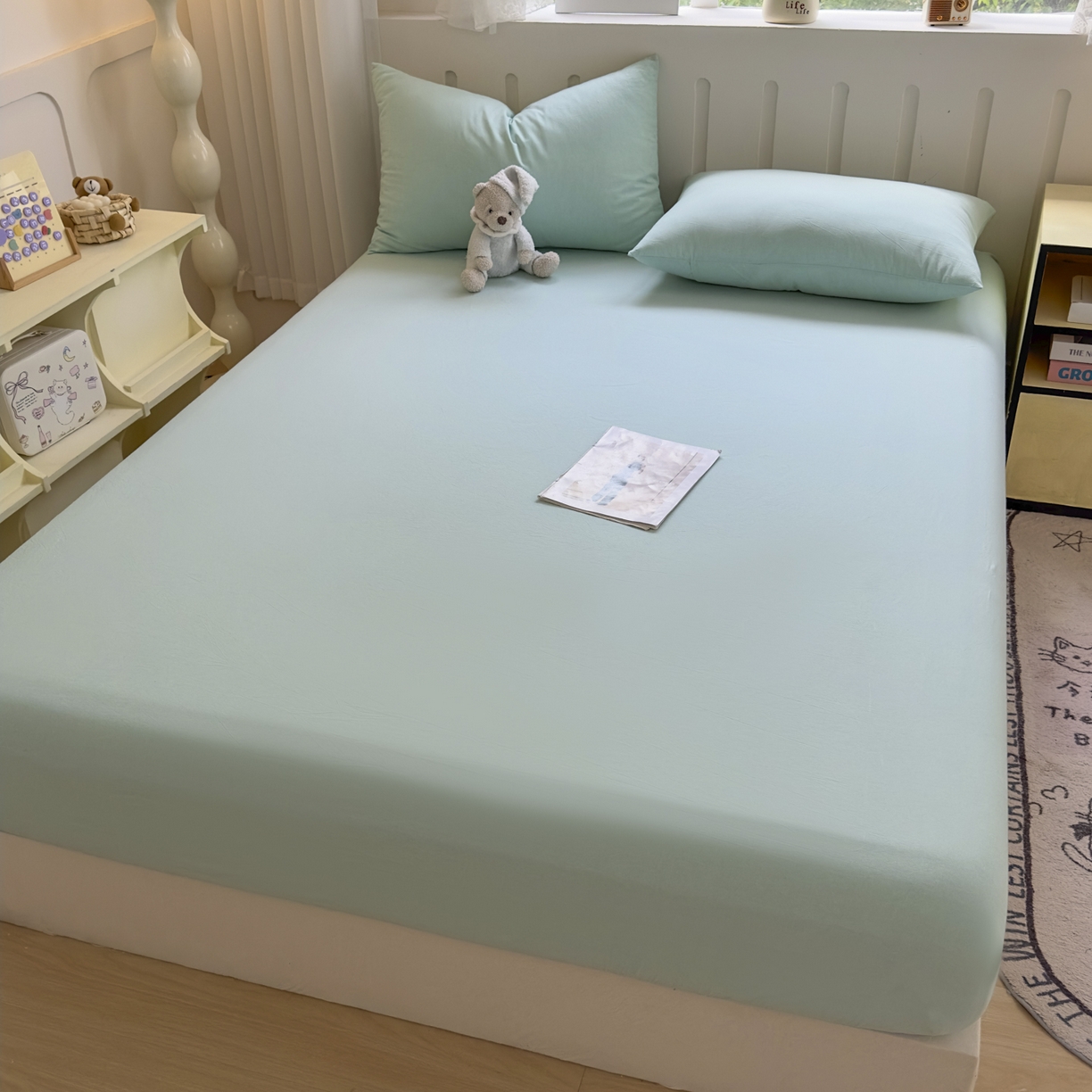 91家纺网 家纺一手货源 找家纺 晚依家纺 2025新款A类色织全棉水洗棉床单单件纯棉格子纯色学生宿舍定制定做 纯色-湖蓝