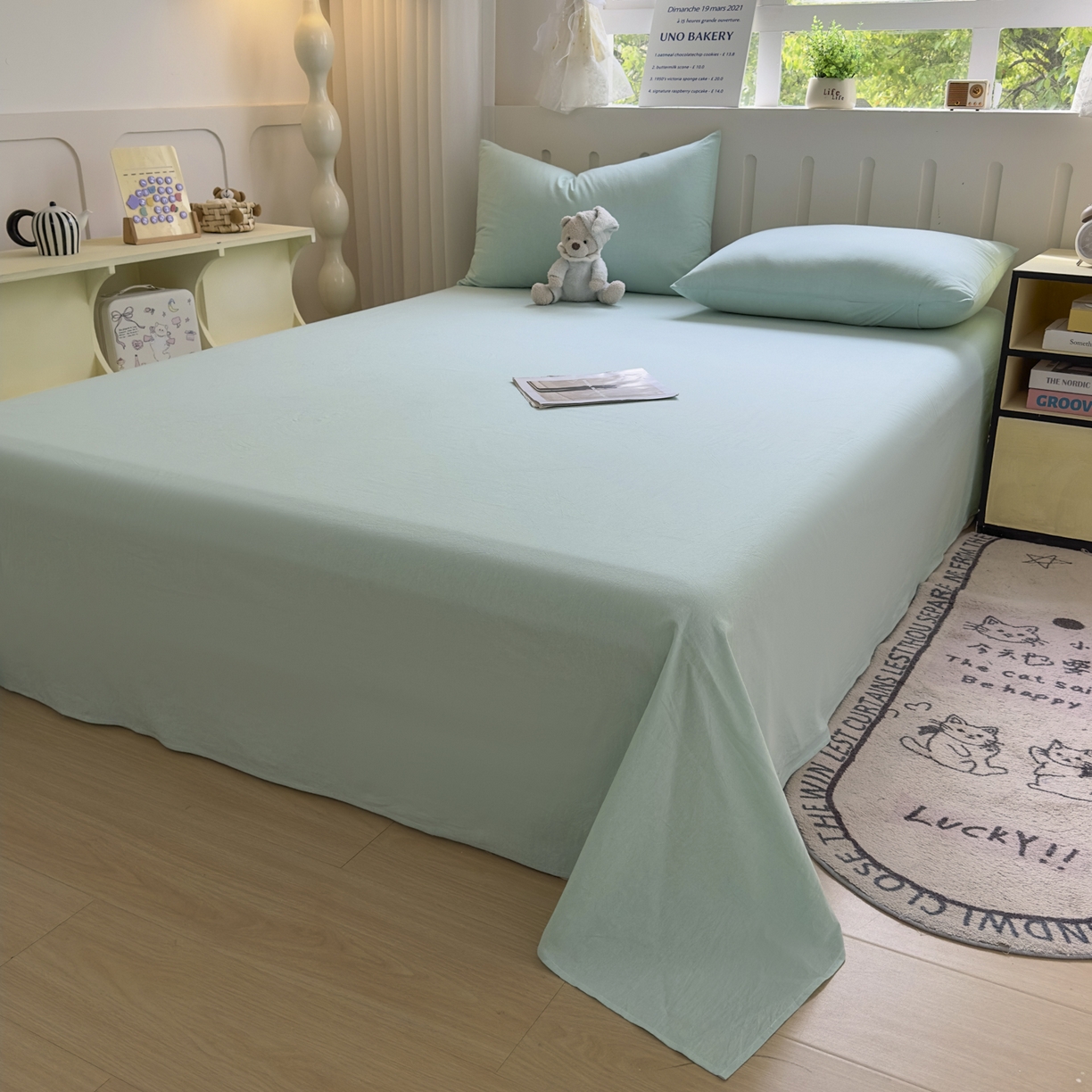 91家纺网 家纺一手货源 找家纺 晚依家纺 2025新款A类色织全棉水洗棉床单单件纯棉格子纯色学生宿舍定制定做 纯色-湖蓝