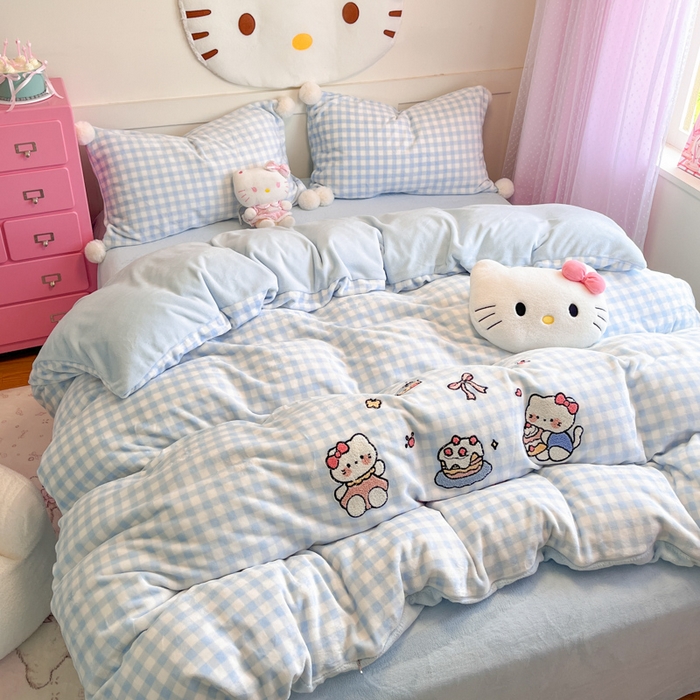 91家纺网 家纺一手货源 找家纺 川悦生活 2025新款绣花牛奶绒毛巾绣四件套-大床 奶心小猫