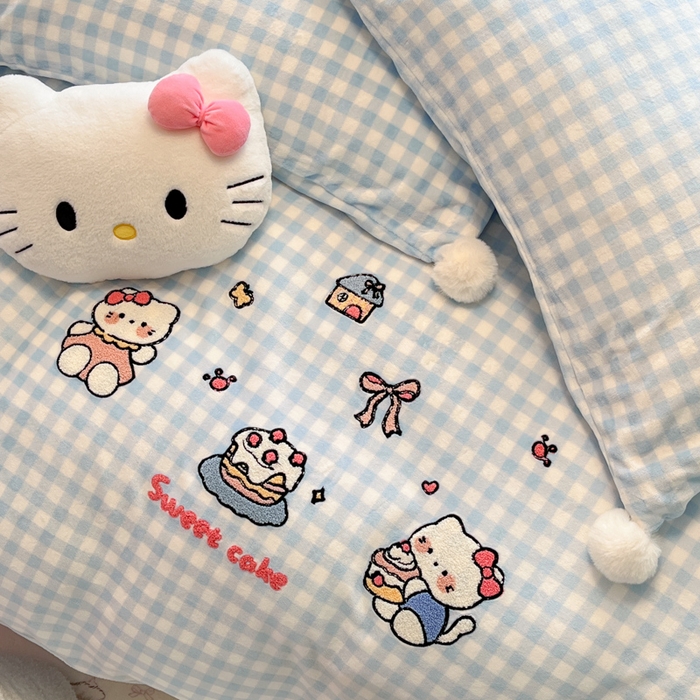 91家纺网 家纺一手货源 找家纺 川悦生活 2025新款绣花牛奶绒毛巾绣四件套-大床 奶心小猫