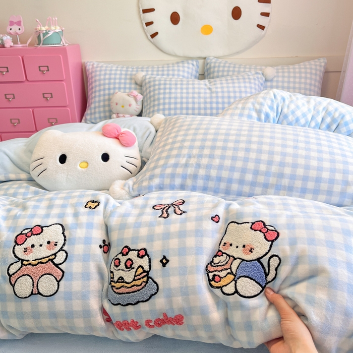 川悦生活 2025新款绣花牛奶绒毛巾绣四件套-大床 奶心小猫