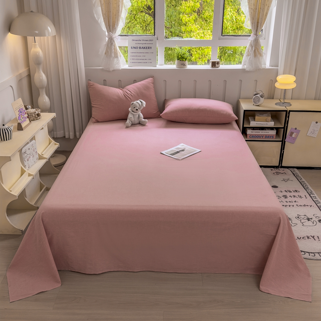 91家纺网 家纺一手货源 找家纺 晚依家纺 2025新款A类色织全棉水洗棉床单单件纯棉格子纯色学生宿舍定制定做 纯色-藕粉