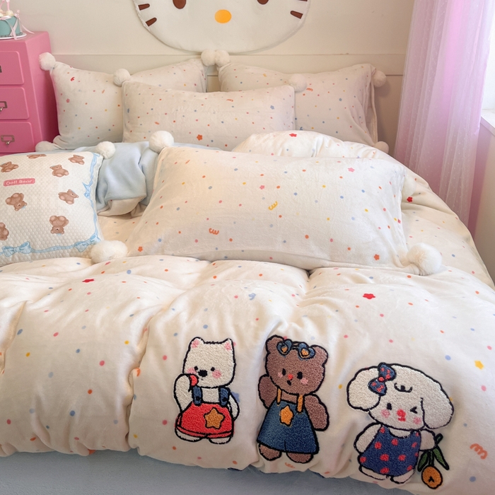 91家纺网 家纺一手货源 找家纺 川悦生活 2025新款绣花牛奶绒毛巾绣四件套-大床 快乐好友派