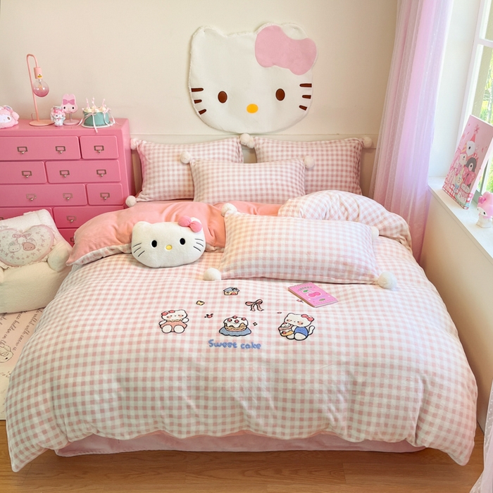 91家纺网 家纺一手货源 找家纺 川悦生活 2025新款绣花牛奶绒毛巾绣四件套-大床 蛋糕小喵