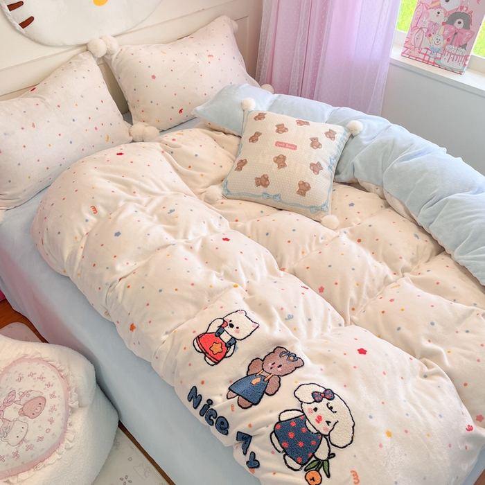 91家纺网 家纺一手货源 找家纺 川悦生活 2025新款绣花牛奶绒毛巾绣四件套-大床 快乐好友派