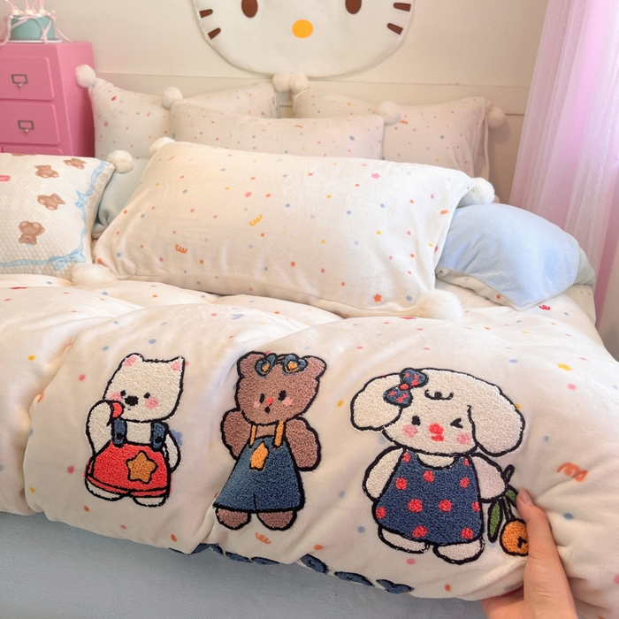 川悦生活 2025新款绣花牛奶绒毛巾绣四件套-大床 快乐好友派