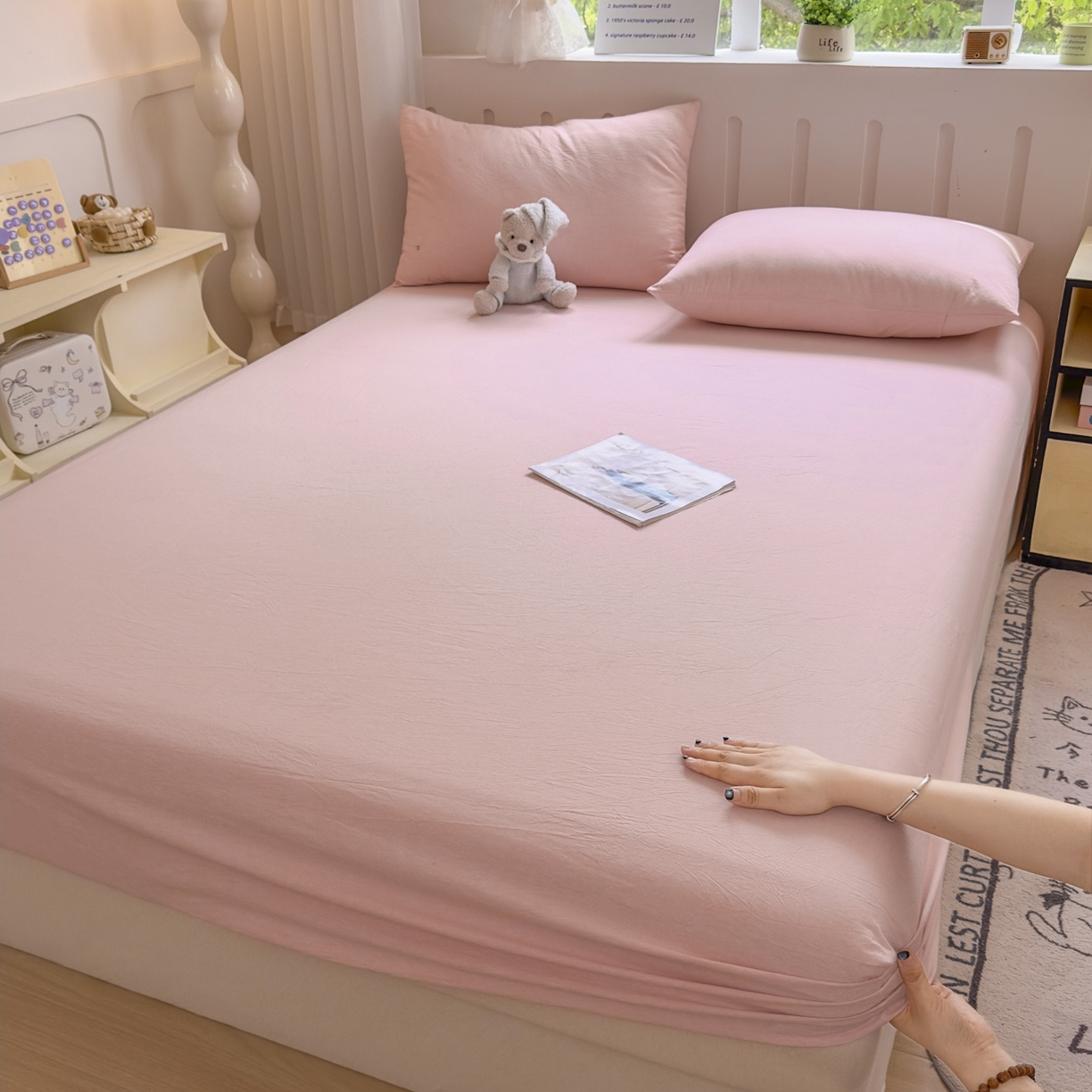 91家纺网 家纺一手货源 找家纺 晚依家纺 2025新款A类色织全棉水洗棉床单单件纯棉格子纯色学生宿舍定制定做 纯色-浅粉