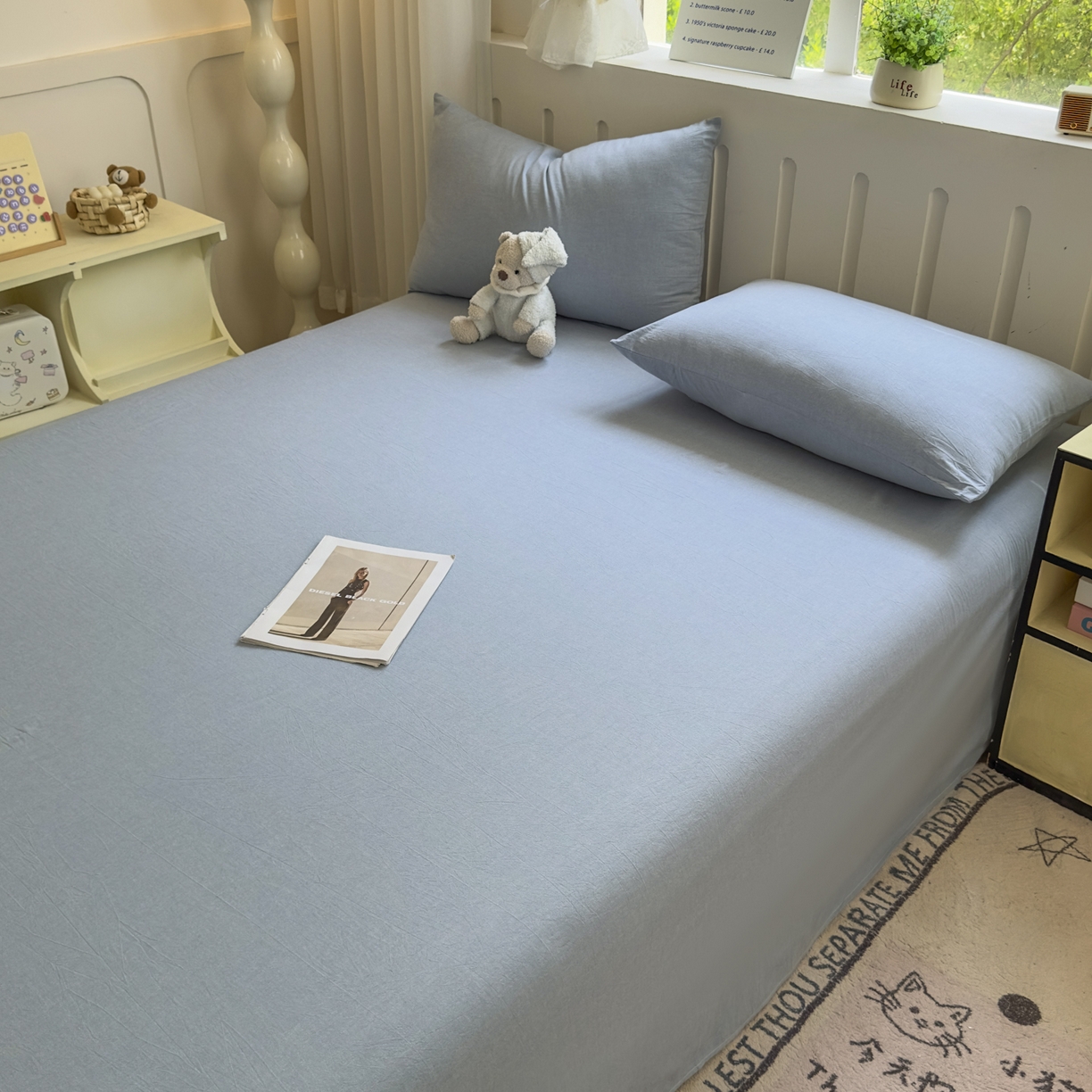 91家纺网 家纺一手货源 找家纺 晚依家纺 2025新款A类色织全棉水洗棉床单单件纯棉格子纯色学生宿舍定制定做 纯色-浅蓝