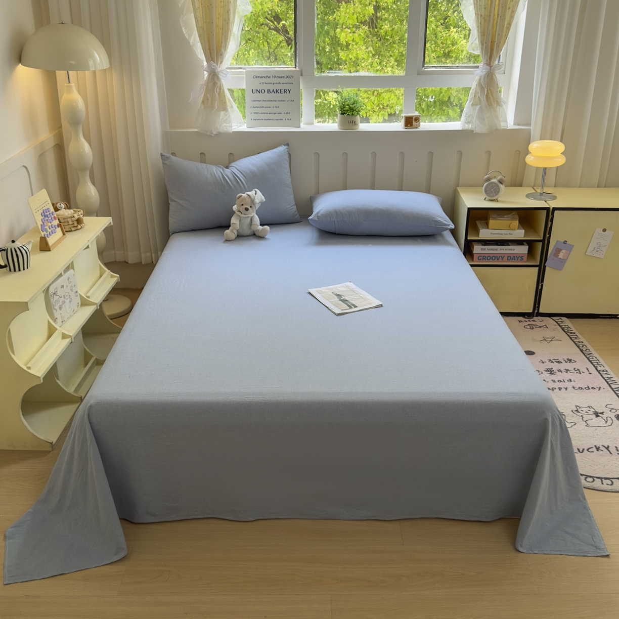 91家纺网 家纺一手货源 找家纺 晚依家纺 2025新款A类色织全棉水洗棉床单单件纯棉格子纯色学生宿舍定制定做 纯色-浅蓝