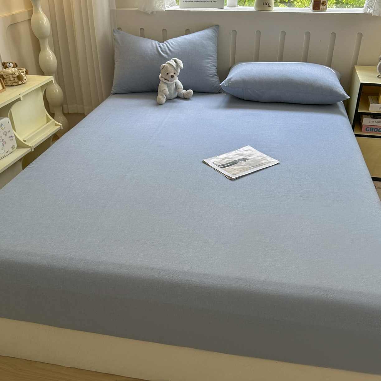 91家纺网 家纺一手货源 找家纺 晚依家纺 2025新款A类色织全棉水洗棉床单单件纯棉格子纯色学生宿舍定制定做 纯色-浅蓝